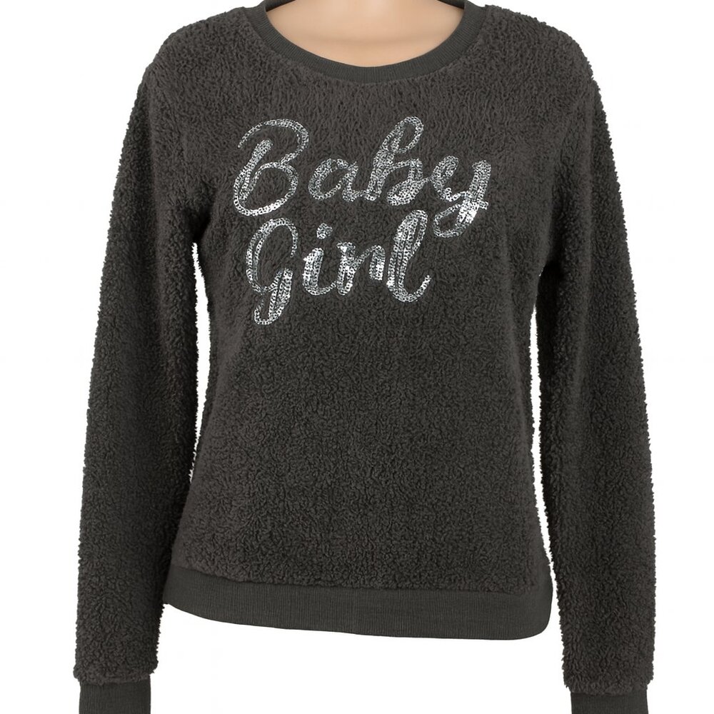 Weekending Grey Fuzzy "Baby Girl" Sweater Silver Graphic Size M